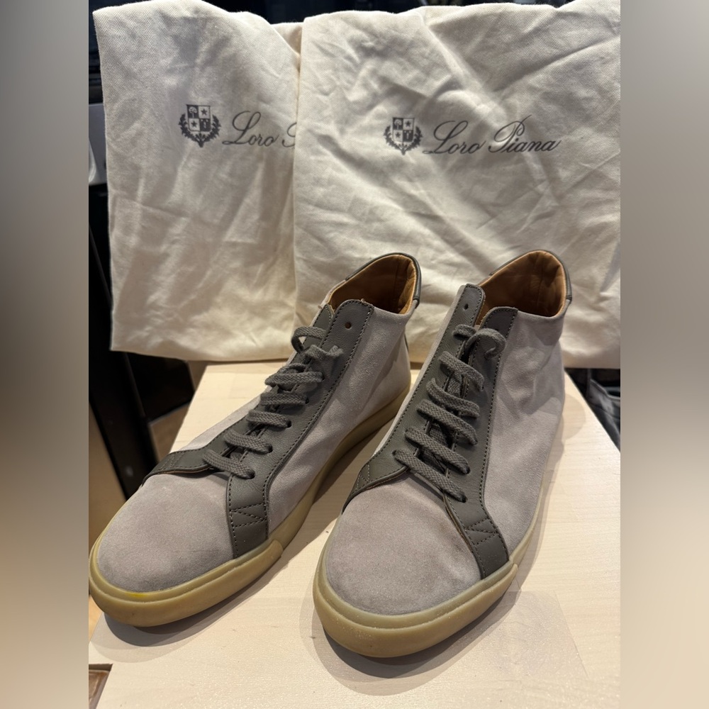 Loro Piana Men’s Size 7 Freetime Walk High Top Sneakers - Grey Suede Leather